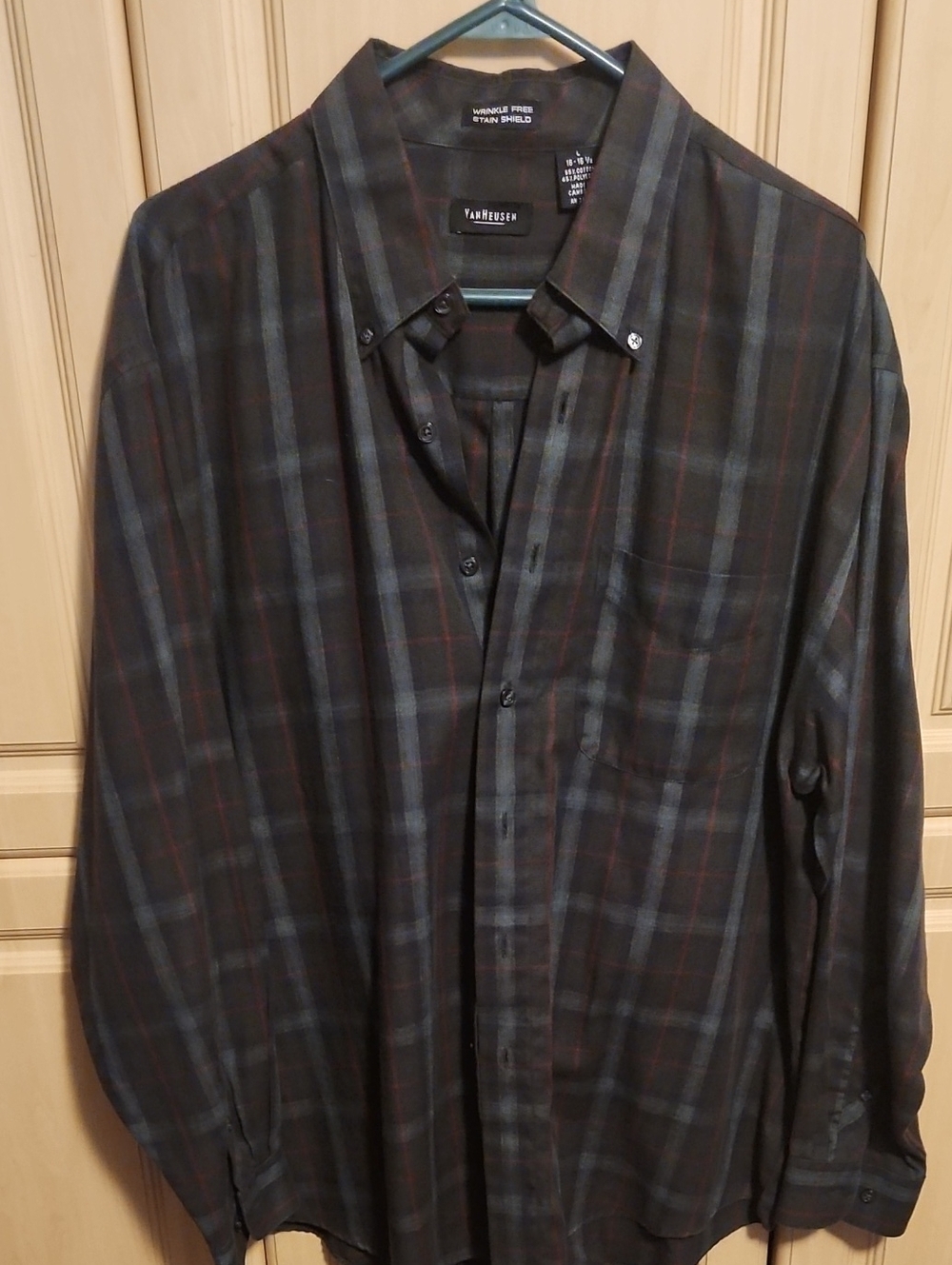 Van Heusen Black Plaid Button-Down Shirt with Gray and Brown Stripes